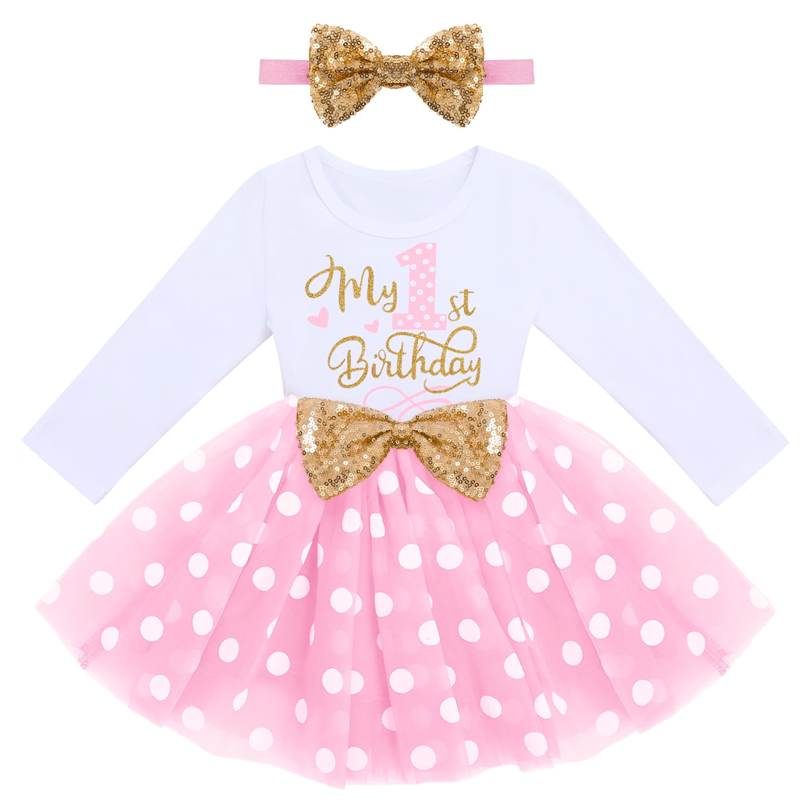 IBTOM CASTLE Baby Girls My 1st 2nd 3rd Birthday Polka Dots Dress with Headband Long Sleeve Sequin Princess Tutu Cake Smash One Party Gown 1 Year Pink Dots