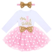 IBTOM CASTLE Baby Girls My 1st 2nd 3rd Birthday Polka Dots Dress with Headband Long Sleeve Sequin Princess Tutu Cake Smash One Party Gown 1 Year Pink Dots