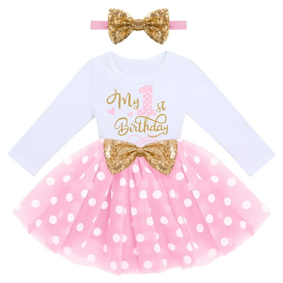IBTOM CASTLE Baby Girls My 1st 2nd 3rd Birthday Polka Dots Dress with Headband Long Sleeve Sequin Princess Tutu Cake Smash One Party Gown 1 Year Pink Dots