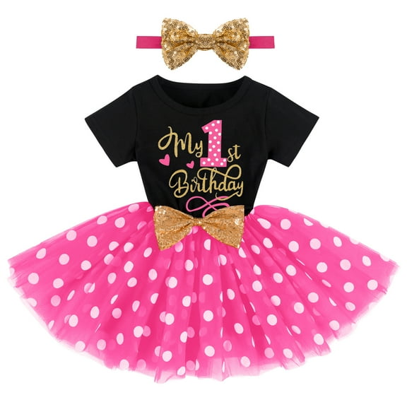IBTOM CASTLE Baby Girls 1st 2nd Birthday Outfit Mouse Polka Dots Tutu Princess Dress with Sequin Headband Clothes Set for Cake Smash Photo Shoot 1 Year Black   Hot Pink