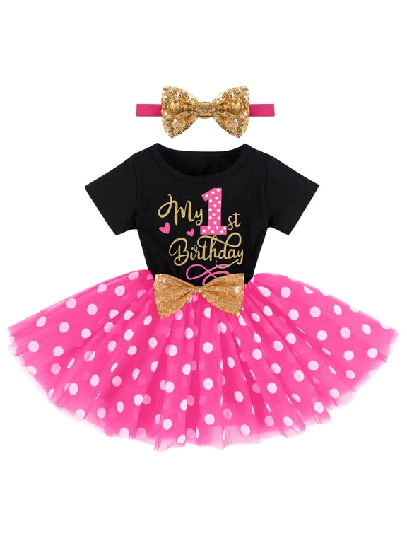 Baby Girls 1st 2nd Birthday Outfit Mouse Polka Dots Tutu Princess Dress with Sequin Headband Clothes Set for Cake Smash Photo Shoot 1 Year Black + Hot Pink
