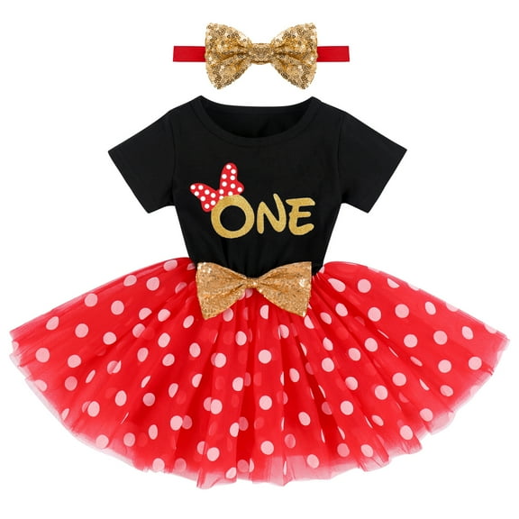IBTOM CASTLE Baby Girls 1st 2nd Birthday Outfit Mouse Polka Dots Tutu Princess Dress with Sequin Headband Clothes Set for Cake Smash Photo Shoot 1 Year Black   Red - Polka Dots