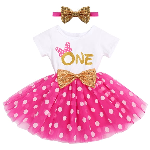 IBTOM CASTLE Baby Girls 1st 2nd Birthday Outfit Mouse Polka Dots Tutu Princess Dress with Sequin Headband Clothes Set for Cake Smash Photo Shoot 1 Year Hot Pink - Polka Dots
