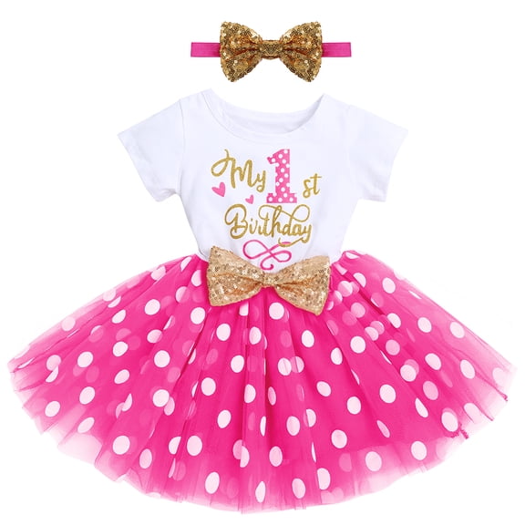 IBTOM CASTLE Baby Girls 1st 2nd Birthday Outfit Mouse Polka Dots Tutu Princess Dress with Sequin Headband Clothes Set for Cake Smash Photo Shoot 1 Year Hot Pink