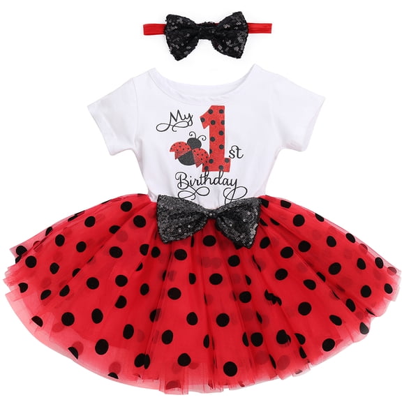 IBTOM CASTLE Baby Girls 1st 2nd Birthday Outfit Mouse Polka Dots Tutu Princess Dress with Sequin Headband Clothes Set for Cake Smash Photo Shoot 1 Year Ladybug