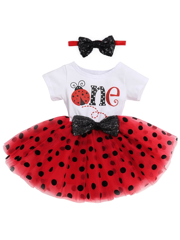 Baby Girls 1st 2nd Birthday Outfit Mouse Polka Dots Tutu Princess Dress with Sequin Headband Clothes Set for Cake Smash Photo Shoot 1 Year Ladybug - Polka Dots