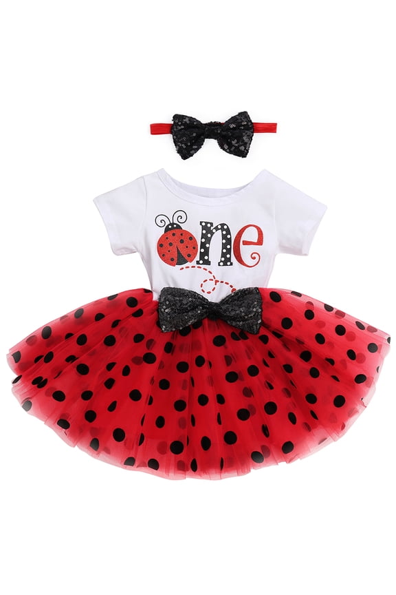 Baby Girls 1st 2nd Birthday Outfit Mouse Polka Dots Tutu Princess Dress with Sequin Headband Clothes Set for Cake Smash Photo Shoot 1 Year Ladybug - Polka Dots