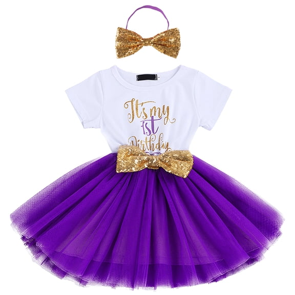 IBTOM CASTLE Baby Girls 1st 2nd Birthday Outfit Mouse Polka Dots Tutu Princess Dress with Sequin Headband Clothes Set for Cake Smash Photo Shoot 1 Year Purple - It's My Birthday