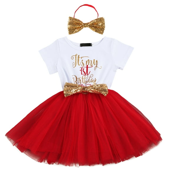 IBTOM CASTLE Baby Girls 1st 2nd Birthday Outfit Mouse Polka Dots Tutu Princess Dress with Sequin Headband Clothes Set for Cake Smash Photo Shoot 1 Year Red - It's My Birthday