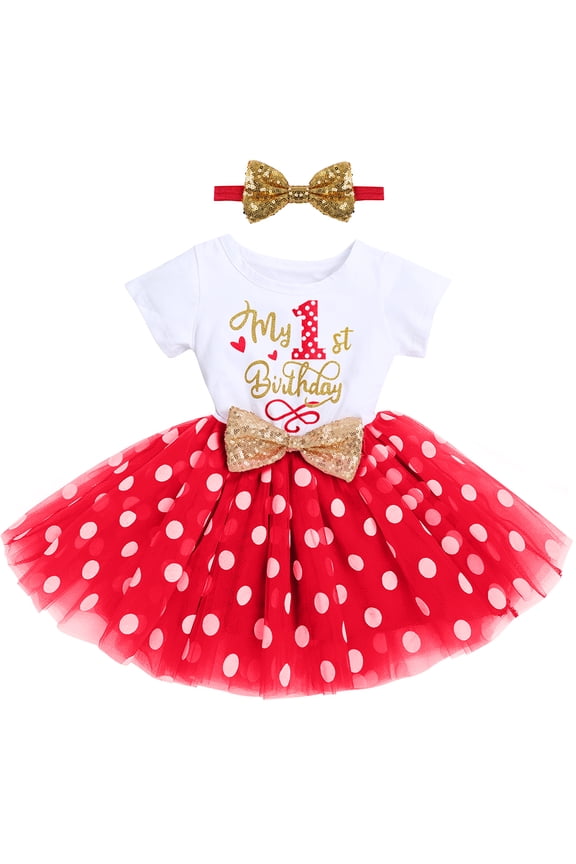 Baby Girls 1st 2nd Birthday Outfit Mouse Polka Dots Tutu Princess Dress with Sequin Headband Clothes Set for Cake Smash Photo Shoot 1 Year Red