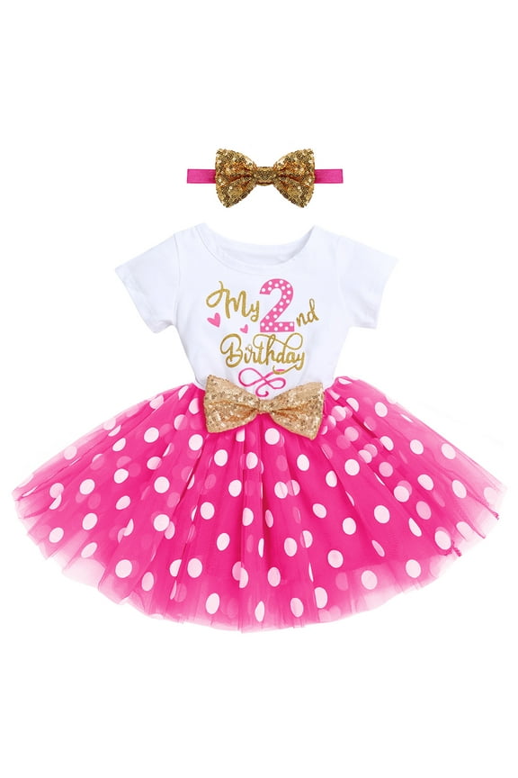 Baby Girls 1st 2nd Birthday Outfit Mouse Polka Dots Tutu Princess Dress with Sequin Headband Clothes Set for Cake Smash Photo Shoot 2 Years Hot Pink
