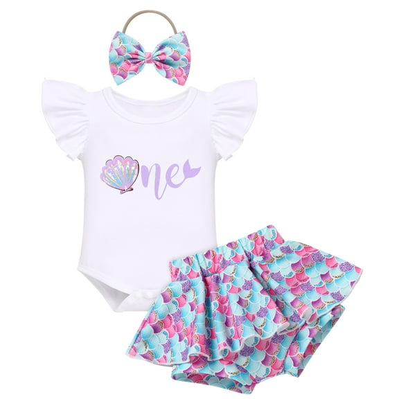 IBTOM CASTLE Baby Girls 1st Birthday Outfit Bowknot Mermaid Watermelon Strawberry Romper   Ruffled Short Pants   Headband Summer Clothes Set, 3-Piece 12-18 Months Mermaid