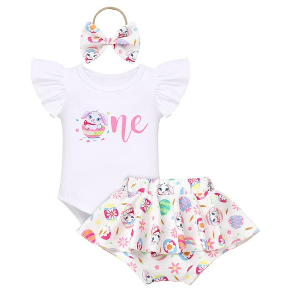 IBTOM CASTLE Baby Girls 1st Birthday Outfit Bowknot Mermaid Watermelon Strawberry Romper Ruffled Short Pants Headband Summer Clothes Set, 3-Piece 12-18 Months Bunny
