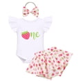 thumbnail image 1 of IBTOM CASTLE Baby Girls 1st Birthday Outfit Bowknot Mermaid Watermelon Strawberry Romper + Ruffled Short Pants + Headband Summer Clothes Set, 3-Piece 12-18 Months Strawberry, 1 of 8