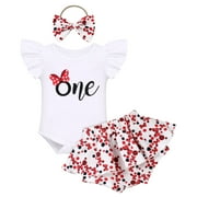 IBTOM CASTLE Baby Girls 1st Birthday Outfit Bowknot Mermaid Watermelon Strawberry Romper + Ruffled Short Pants + Headband Summer Clothes Set, 3-Piece 12-18 Months Bowknot