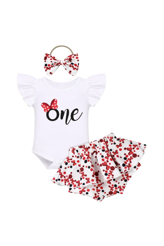 Baby Girls 1st Birthday Outfit Bowknot Mermaid Watermelon Strawberry Romper + Ruffled Short Pants + Headband Summer Clothes Set, 3-Piece 12-18 Months Bowknot