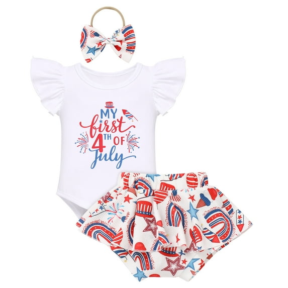IBTOM CASTLE Baby Girls 1st Birthday Outfit Bowknot Mermaid Watermelon Strawberry Romper + Ruffled Short Pants + Headband Summer Clothes Set, 3-Piece 6-12 Months Independence Day