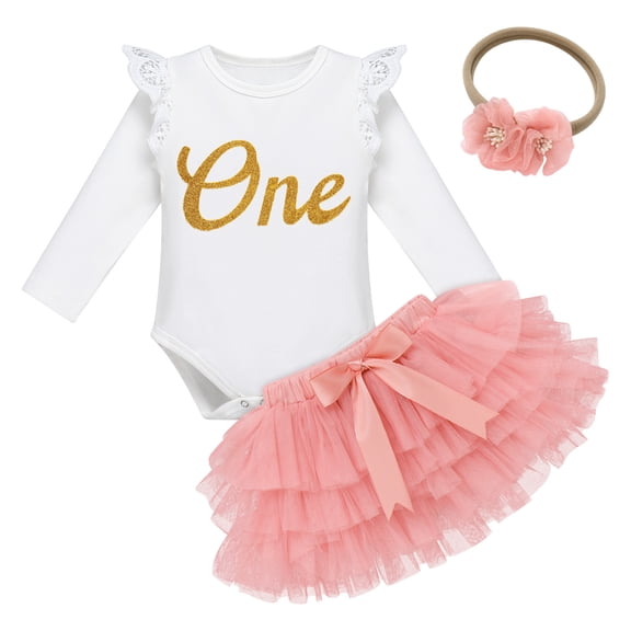 IBTOM CASTLE Baby Girls 1st Birthday Outfit Cake Smash Floral Lace Romper   Tutu Skirt   Bow Headband Princess Dress Photo Shoot Clothes 12-18 Months Pink & Gold - Long Sleeve
