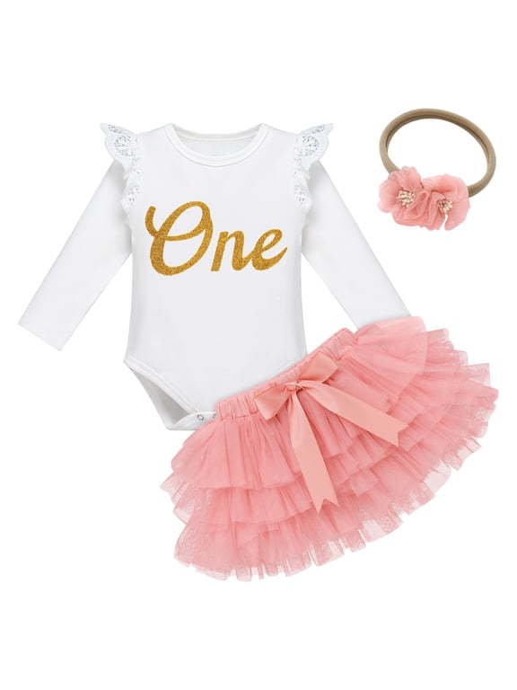 Baby Girls 1st Birthday Outfit Cake Smash Floral Lace Romper + Tutu Skirt + Bow Headband Princess Dress Photo Shoot Clothes 12-18 Months Pink & Gold - Long Sleeve