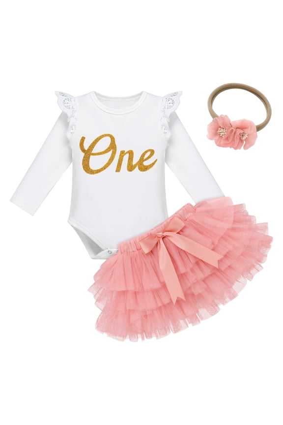 Baby Girls 1st Birthday Outfit Cake Smash Floral Lace Romper + Tutu Skirt + Bow Headband Princess Dress Photo Shoot Clothes 12-18 Months Pink & Gold - Long Sleeve