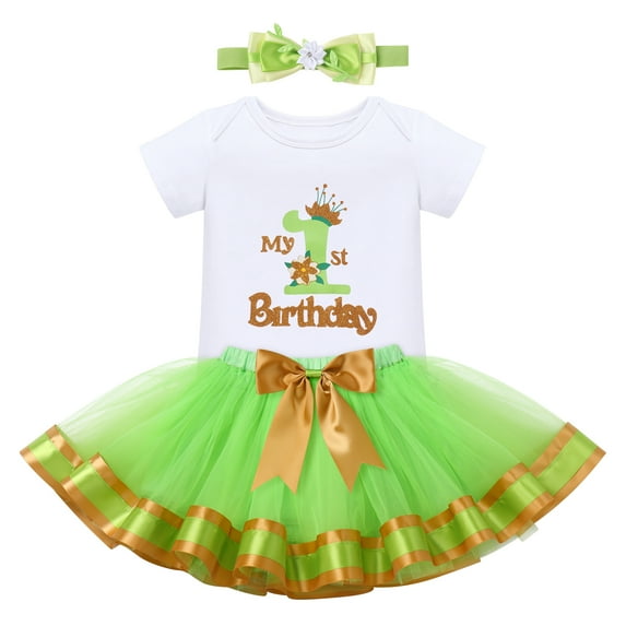 IBTOM CASTLE Baby Girls 1st Birthday Outfit Princess One Cosplay Character Romper Tutu Dress Headband Party Clothes for Photo Shoot 1 Year Green - Tiana Crown