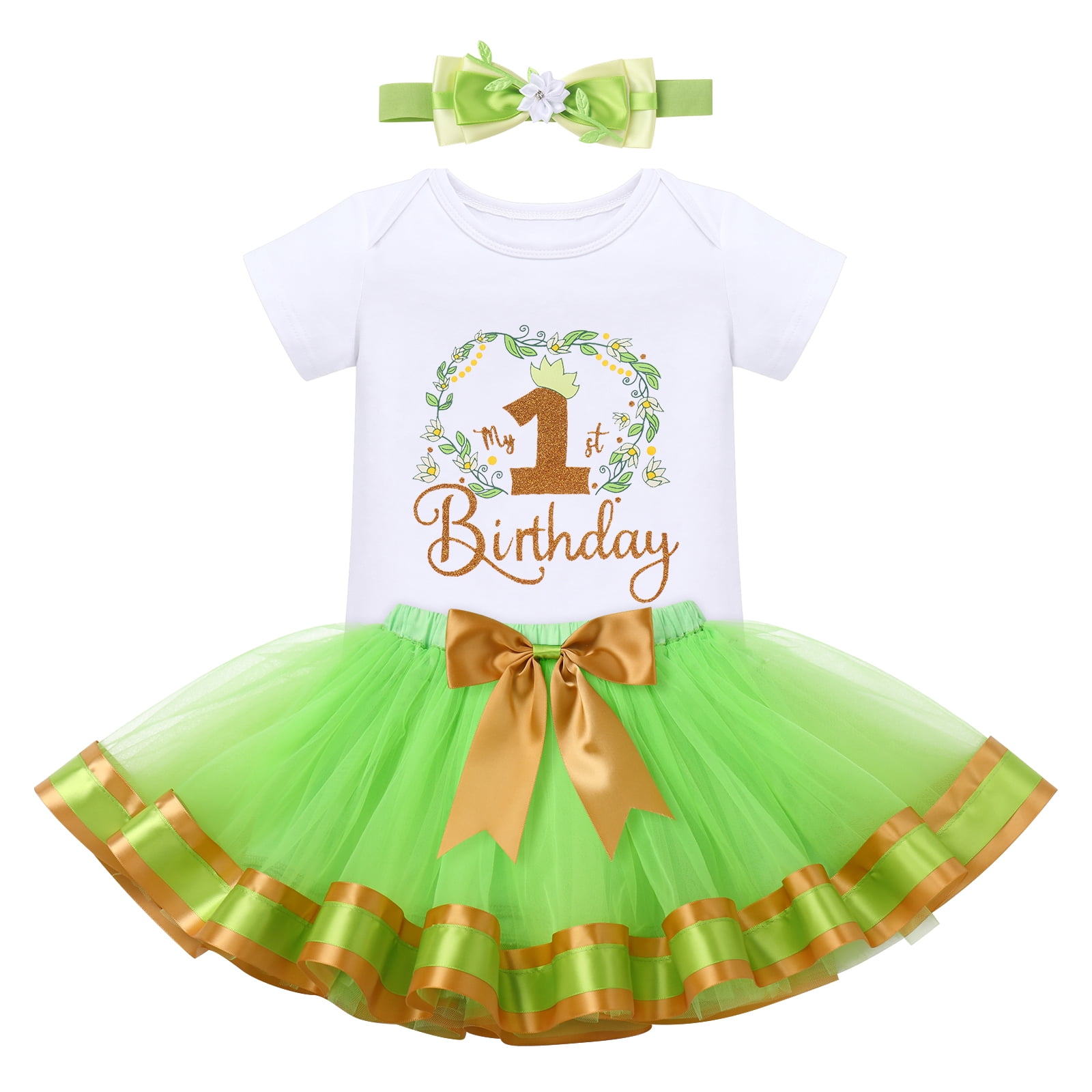 IBTOM CASTLE Baby Girls 1st Birthday Outfit Princess One Cosplay Character Romper Tutu Dress Headband Party Clothes for Photo Shoot 1 Year Green - Tiana