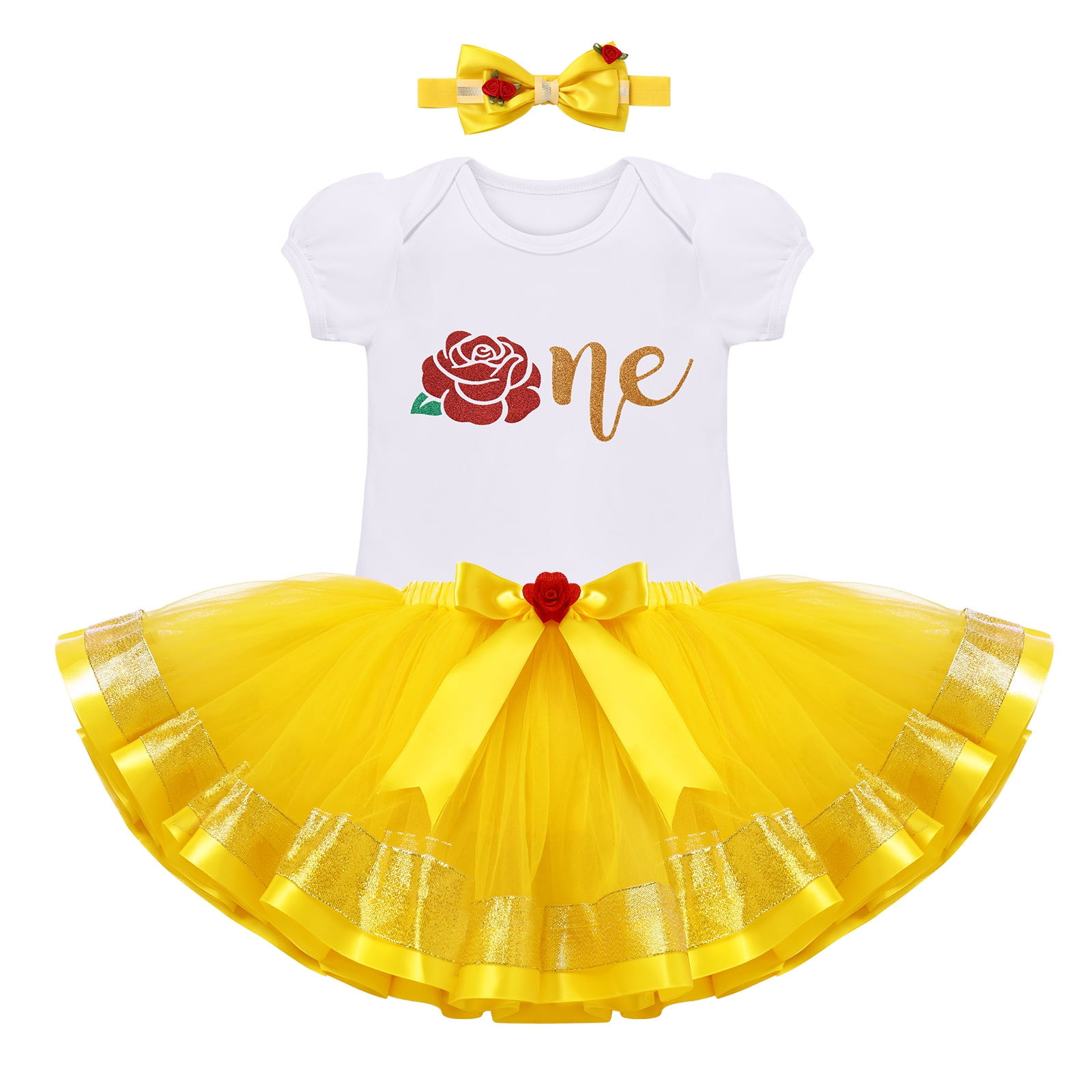 IBTOM CASTLE Baby Girls 1st Birthday Outfit Princess One Cosplay Character Romper Tutu Dress Headband Party Clothes for Photo Shoot 1 Year Yellow - Bell One