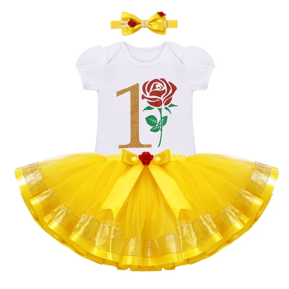 IBTOM CASTLE Baby Girls 1st Birthday Outfit Princess One Cosplay Character Romper Tutu Dress Headband Party Clothes for Photo Shoot 1 Year Yellow - Bell Rose