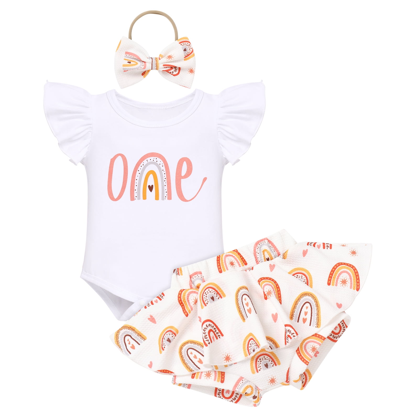 IBTOM CASTLE Baby Girls 1st Birthday Outfit Bowknot Mermaid Watermelon Strawberry Romper Ruffled Short Pants Headband Summer Clothes Set 3 Piece 12 18 Months Rainbow Walmart