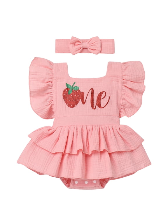 Baby Girls 1st Birthday Outfit Watermelon Strawberry One Boho Romper Tutu Dress with Headband for Cake Smash Photo Shoot 12-18 Months Pink - Strawberry