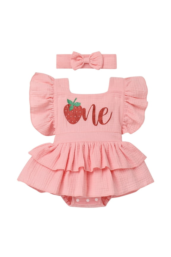 Baby Girls 1st Birthday Outfit Watermelon Strawberry One Boho Romper Tutu Dress with Headband for Cake Smash Photo Shoot 12-18 Months Pink - Strawberry