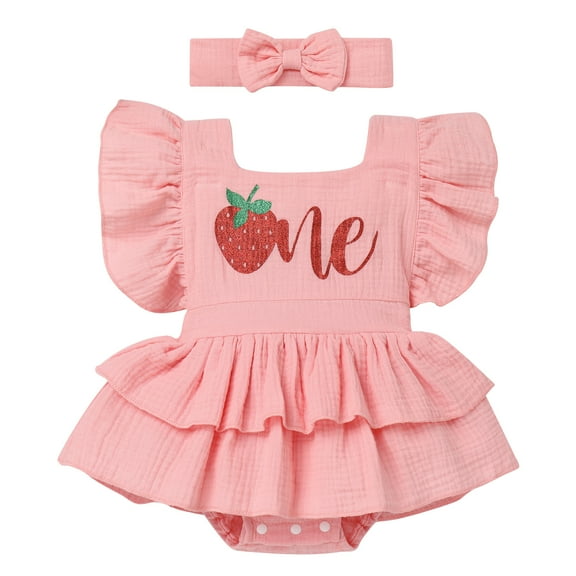 IBTOM CASTLE Baby Girls 1st Birthday Outfit Watermelon Strawberry One Boho Romper Tutu Dress with Headband for Cake Smash Photo Shoot 6-12 Months Pink - Strawberry