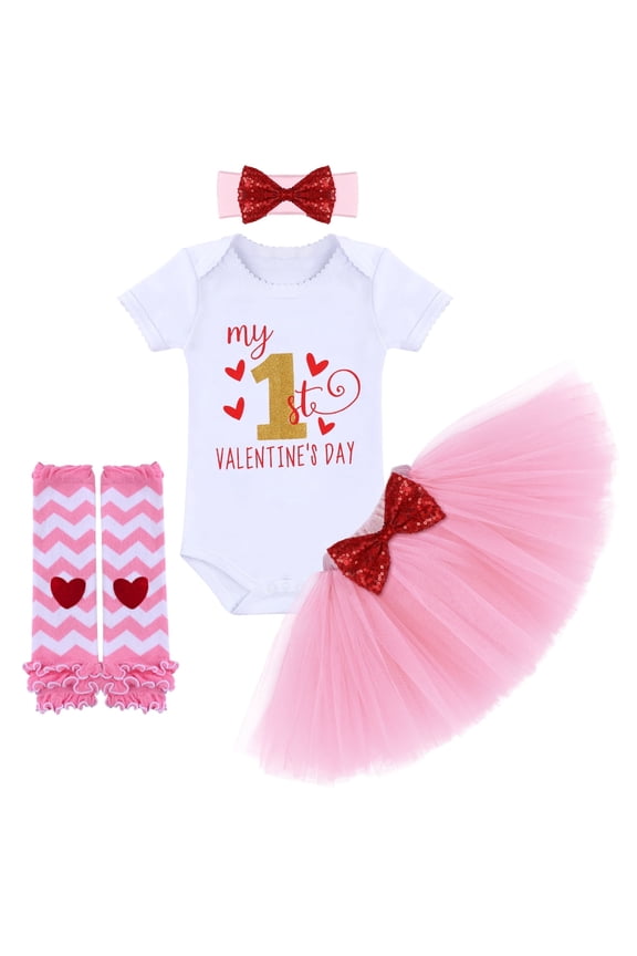 Baby Girls My 1st Valentines Easter Outfit Romper Ruffle Tutu Skirt Headband Leg Warmers 4PCS Party Dress Clothes Set 0-6 Months Pink - 1st Valentine's Day