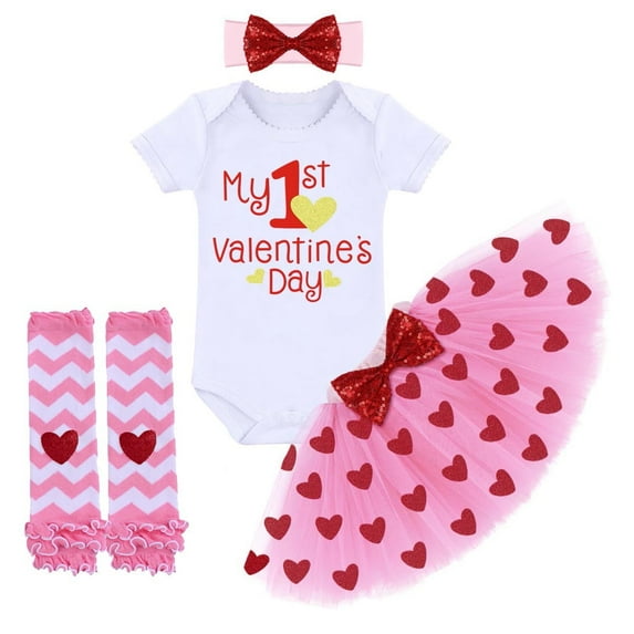 IBTOM CASTLE Baby Girls My 1st Valentines Easter Outfit Romper Ruffle Tutu Skirt Headband Leg Warmers 4PCS Party Dress Clothes Set 0-6 Months Pink - 1st Valentine's Day 03