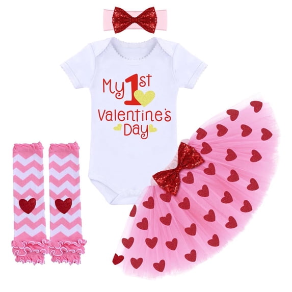IBTOM CASTLE Baby Girls My 1st Valentines Easter Outfit Romper Ruffle Tutu Skirt Headband Leg Warmers 4PCS Party Dress Clothes Set 6-12 Months Pink - 1st Valentine's Day 03