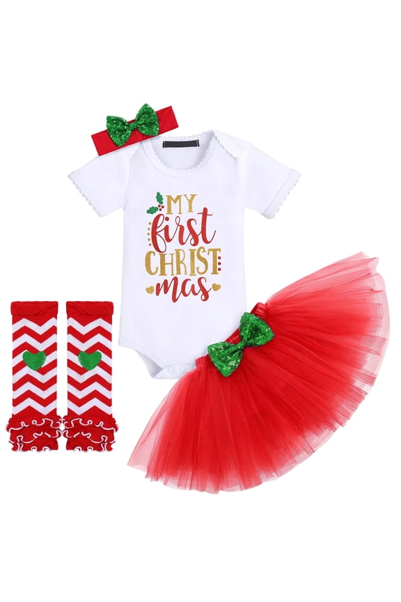 Baby Girls My 1st Valentines Easter Outfit Romper Ruffle Tutu Skirt Headband Leg Warmers 4PCS Party Dress Clothes Set 6-12 Months Red - First Christmas