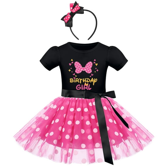 IBTOM CASTLE Baby Girls Birthday Outfit Polka Dots Leotard Dresses Fancy Dance Costume Halloween Cosplay Tutu Dress up with Ears Headband 12-18 Months Black+Hot Pink-Birthday