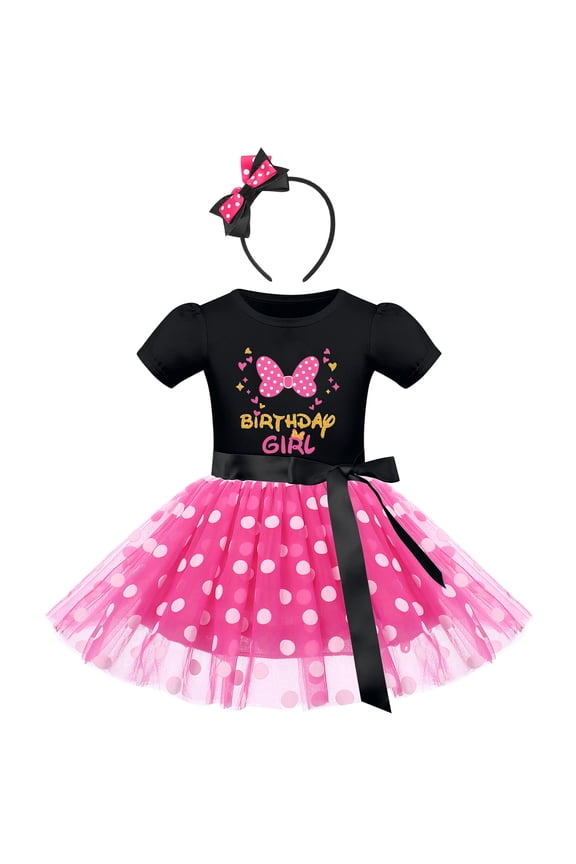 Baby Girls Birthday Outfit Polka Dots Leotard Dresses Fancy Dance Costume Halloween Cosplay Tutu Dress up with Ears Headband 6 Years Black+Hot Pink-Birthday