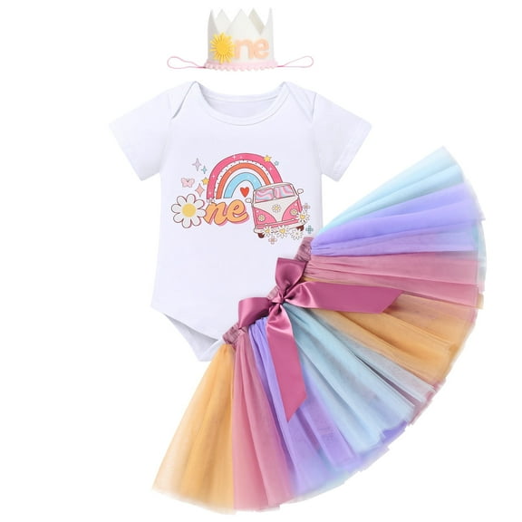 IBTOM CASTLE Baby Girls Boho Rainbow Sun 1st Birthday Outfit Romper Tutu Skirt Headband 3PCS Clothes Set for Cake Smash Photo Prop