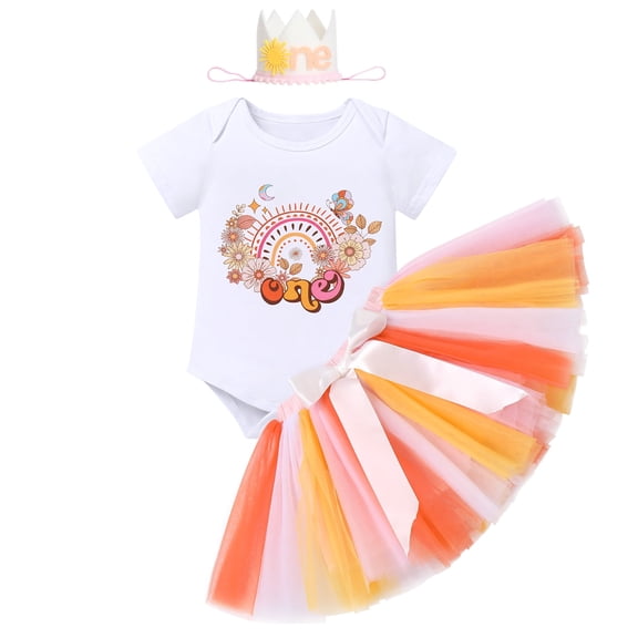 IBTOM CASTLE Baby Girls Boho Rainbow Sun 1st Birthday Outfit Romper Tutu Skirt Headband 3PCS Clothes Set for Cake Smash Photo Prop