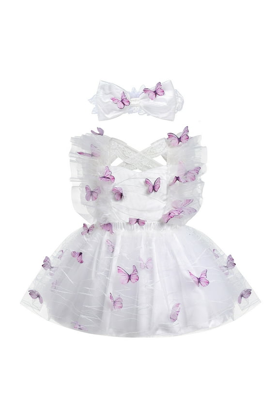 Baby Girls Butterfly Tutu Dress Summer Sleeveless Backless Lace Princess Birthday Party Dress with Headband Outfit 6-12 Months White - Butterfly
