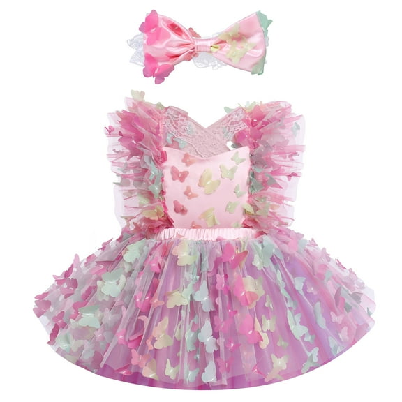 IBTOM CASTLE Baby Girls Butterfly Tutu Dress Summer Sleeveless Backless Lace Princess Birthday Party Dress with Headband Outfit 3-6 Months Rainbow - Butterfly