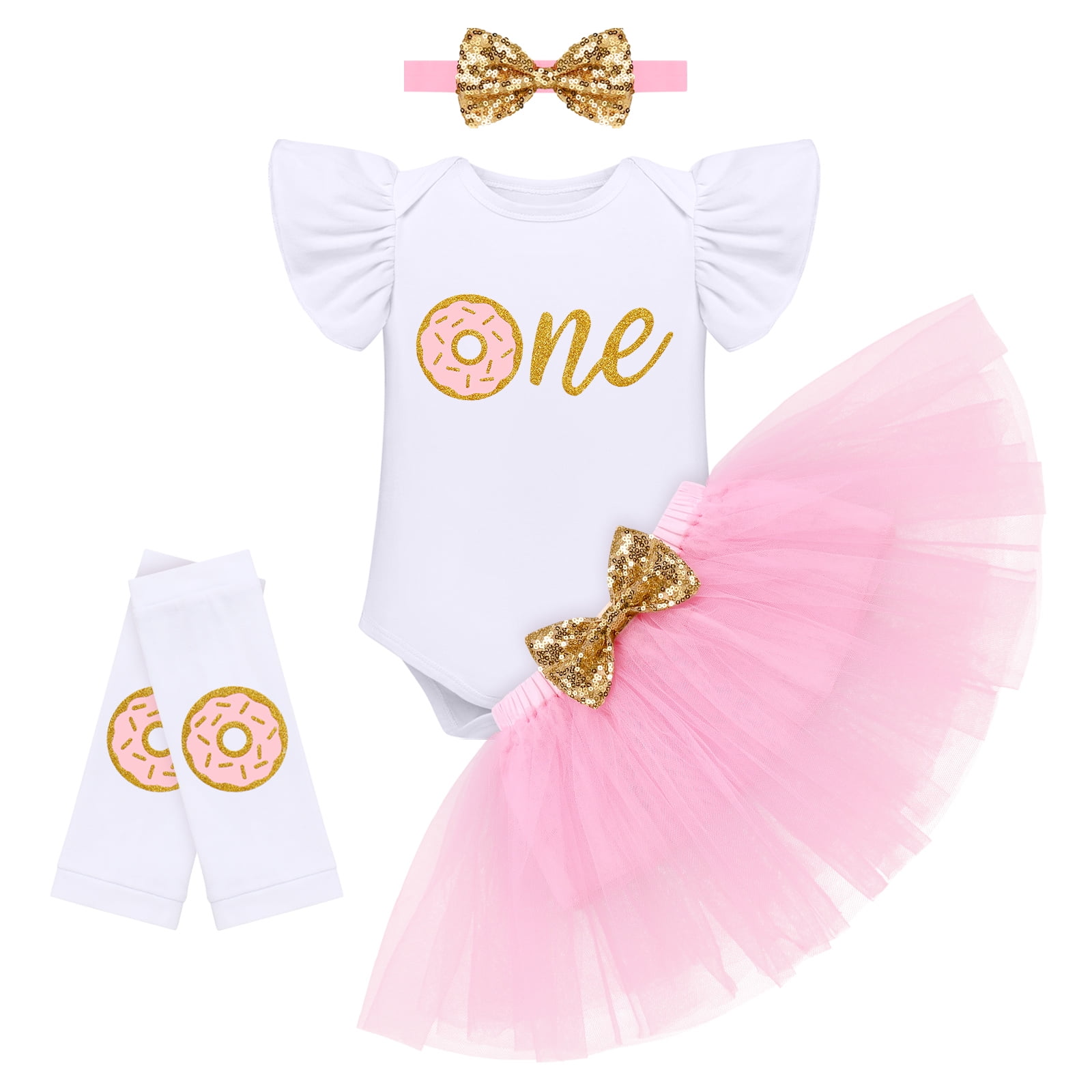 IBTOM CASTLE Baby Girls Donut One Half 1st/2nd Birthday Outfit Sweet Romper Tutu Dress Leggings Princess Skirt Clothes Set 1 Year Donut Gold-one