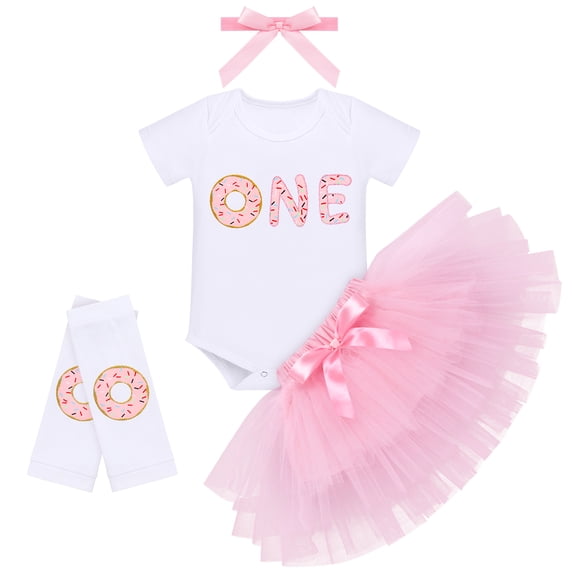 IBTOM CASTLE Baby Girls Donut One Half 1st/2nd Birthday Outfit Sweet Romper Tutu Dress Leggings Princess Skirt Clothes Set 1 Year Donut White-one