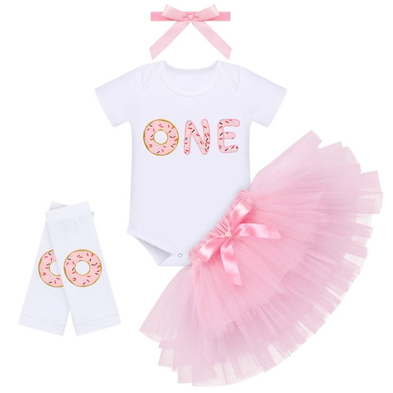 IBTOM CASTLE Baby Girls Donut One Half 1st/2nd Birthday Outfit Sweet Romper Tutu Dress Leggings Princess Skirt Clothes Set 1 Year Donut White-one