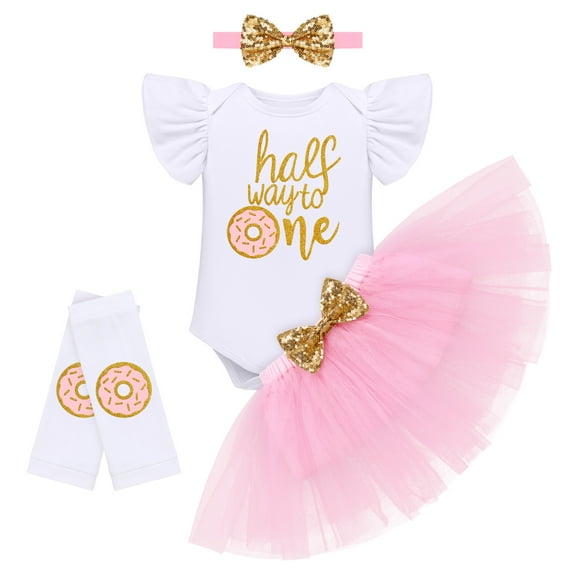IBTOM CASTLE Baby Girls Donut One Half 1st/2nd Birthday Outfit Sweet Romper Tutu Dress Leggings Princess Skirt Clothes Set 6 Months Donut Gold-half way to one