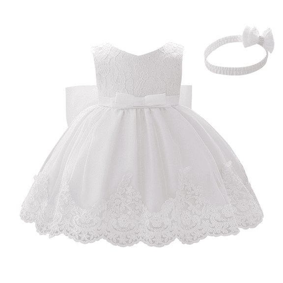 IBTOM CASTLE Baby Girls Formal Dress Lace Bowknot Baptism Embroidery Princess Birthday Wedding Flower Tutu Gown with Headwear 12-18 Months White