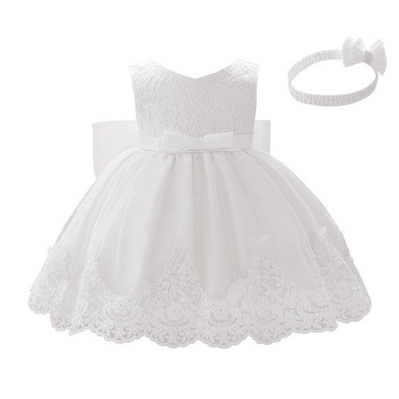 IBTOM CASTLE Baby Girls Formal Dress Lace Bowknot Baptism Embroidery Princess Birthday Wedding Flower Tutu Gown with Headwear 12-18 Months White