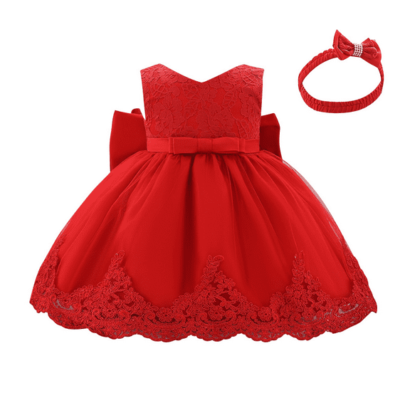IBTOM CASTLE Baby Girls Formal Dress Lace Bowknot Baptism Embroidery Princess Birthday Wedding Flower Tutu Gown with Headwear 3-6 Months Red
