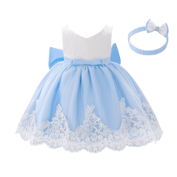 IBTOM CASTLE Baby Girls Formal Dress Lace Bowknot Baptism Embroidery Princess Birthday Wedding Flower Tutu Gown with Headwear 6-9 Months Blue